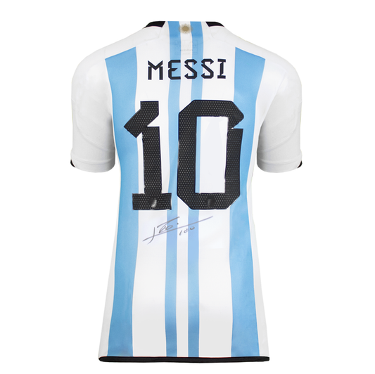 Lionel Messi Official Back Signed Argentina 2022 Home Shirt In Super Premium Frame: 2023 Ballon d'Or Winner